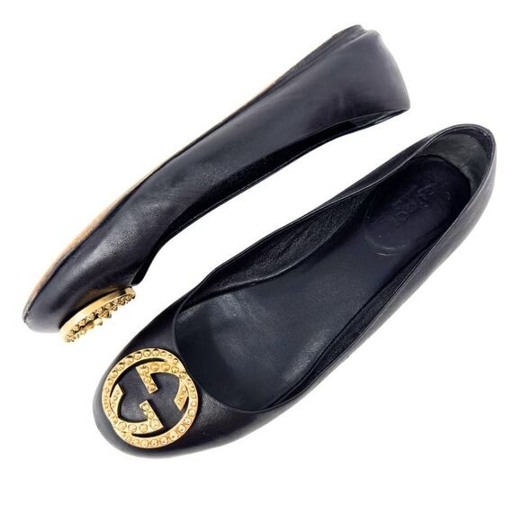 Gucci Shoes GG Logo Bronze Gold Studded Black Leather Ballet Flats EU 36.5‎ - Picture 1 of 10